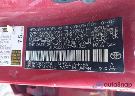 2007 Toyota Prius z USA, uszkodzony, nr VIN JTDKB20UX77684235